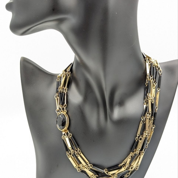 Vintage Black Glass Bugle Bead Multi Strand Gold Tone Chain Necklace 1970s - Picture 4 of 14